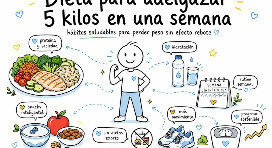 Ilustración sobre dieta para adelgazar 5 kilos en una semana, con consejos de proteína, hidratación, snacks, movimiento y rutina.