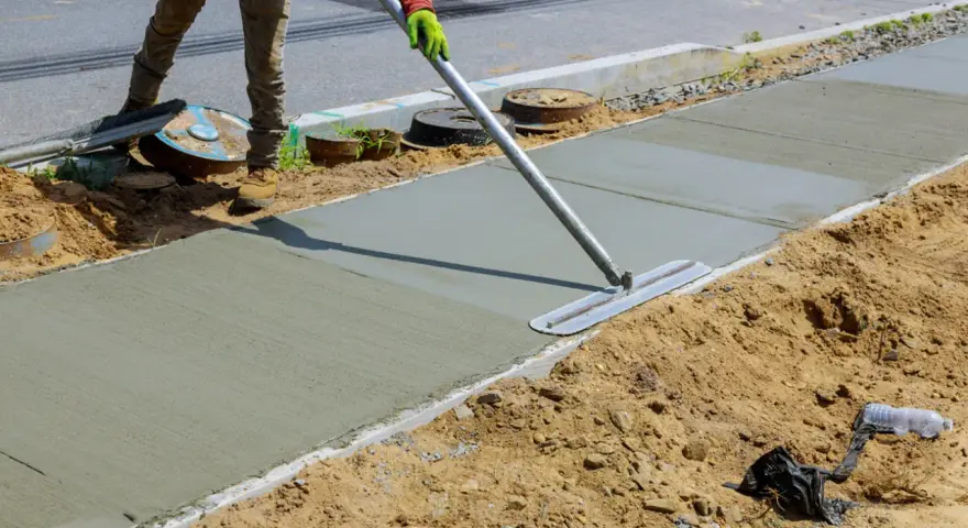 Robotnik wygładza świeży beton B25 na chodniku. Właściwe proporcje składników zapewniają trwałość nawierzchni.