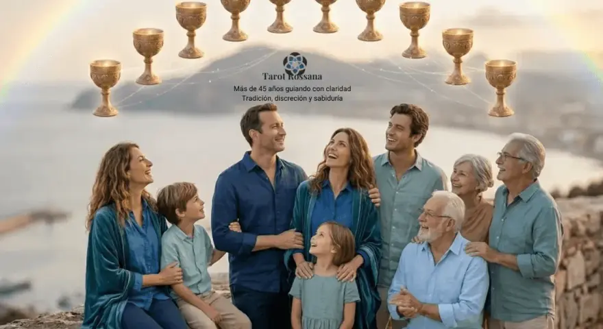 Una familia feliz bajo un arcoíris, con copas doradas flotando. Representa que significa el 10 de copas en el tarot: plenitud y armonía familiar.