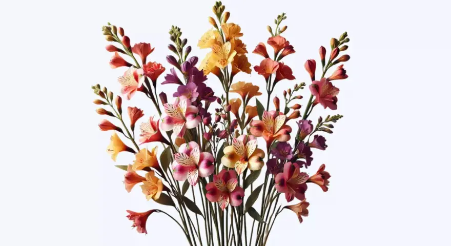 Un ramo vibrante de astromelias en tonos rosados, naranjas y amarillos. El astromelia, significado de amistad y devoción, florece en esta composición.