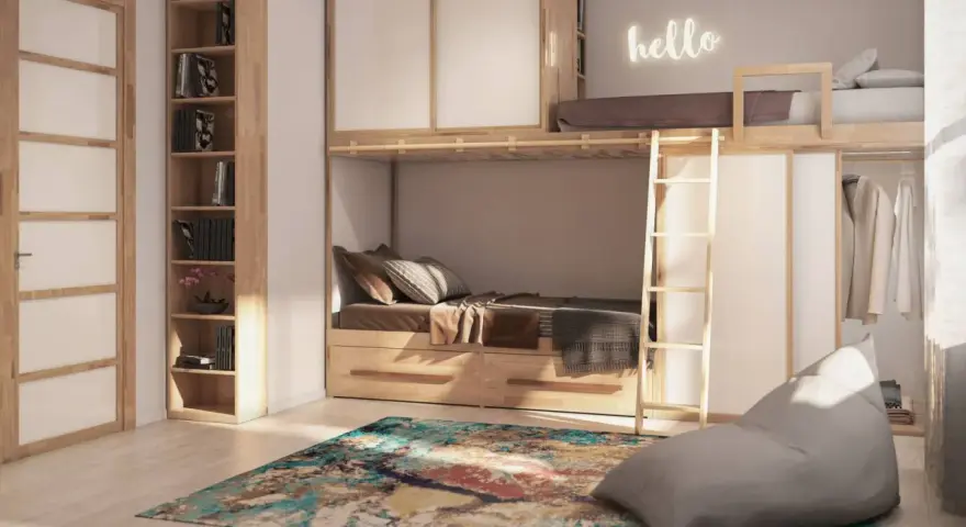 Letto a soppalco fai da te con armadio integrato, libreria e un accogliente sacco a pelo.