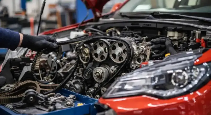 Mechanik w czarnych rękawiczkach dokonuje wymiany łańcucha rozrządu w czerwonym samochodzie.