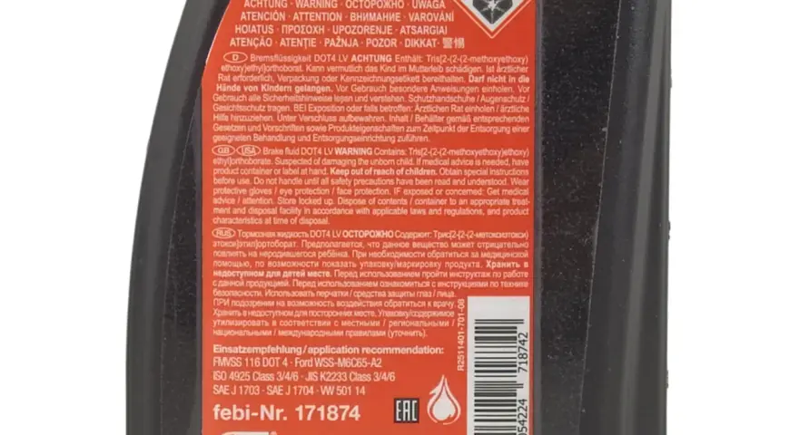 Płyn hamulcowy DOT4 LV. Oznaczenie produktu i jego skład. Informacje o bezpieczeństwie i zastosowaniu.