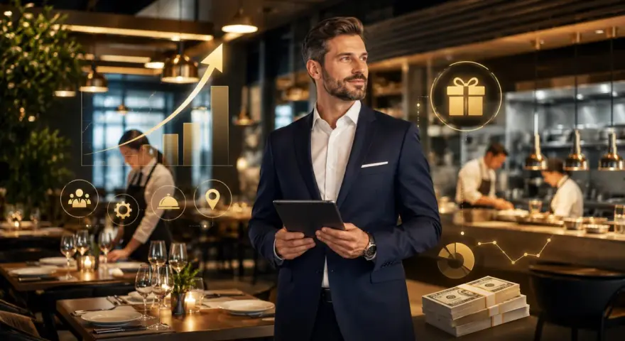 Mężczyzna w garniturze analizuje wykresy i stos banknotów, zastanawiając się, ile zarabia team leader w branży gastronomicznej.