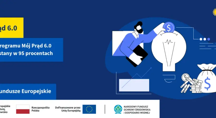 Budżet programu Mój Prąd 6.0 wykorzystany w 95%. Grafika przedstawia inwestycję w energię odnawialną, symbolizowaną przez żarówkę i worek z pieniędzmi.