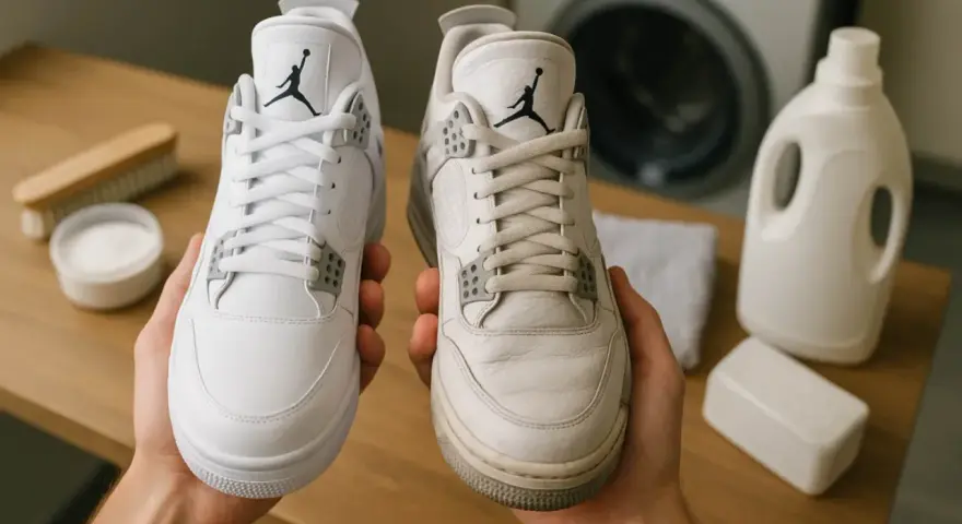 Para prać buty Nike w pralce, porównaj czyste i brudne Jordany. Obok proszek, szczotka i płyn do prania.