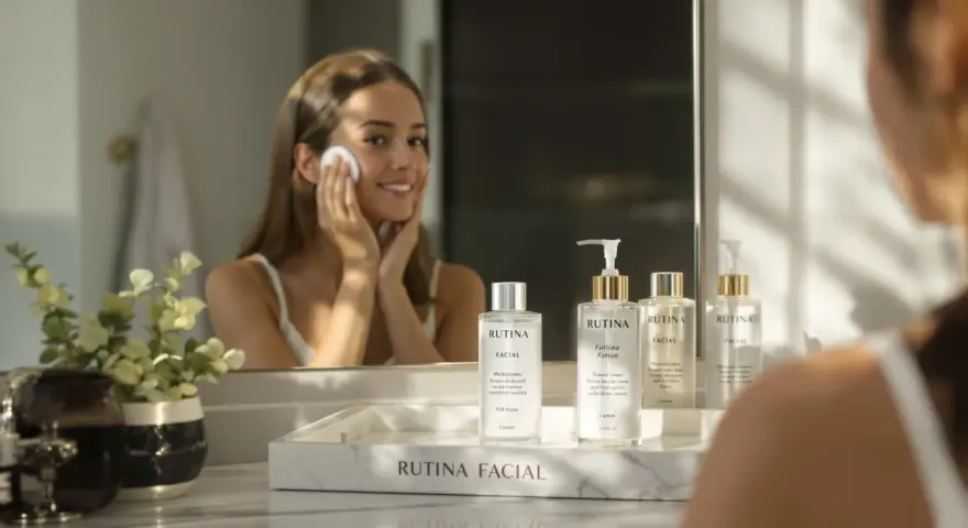 Una mujer sonríe mientras se aplica tónico facial. Varios productos de la línea Rutina Facial se exhiben en un tocador, mostrando para qué sirve el tónico facial.