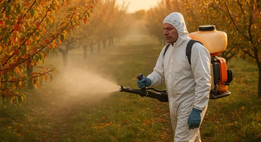 Rolnik w kombinezonie ochronnym opryskuje sad jesiennym opadem liści. Używa plecakowego opryskiwacza z roztworem mocznika do oprysku.