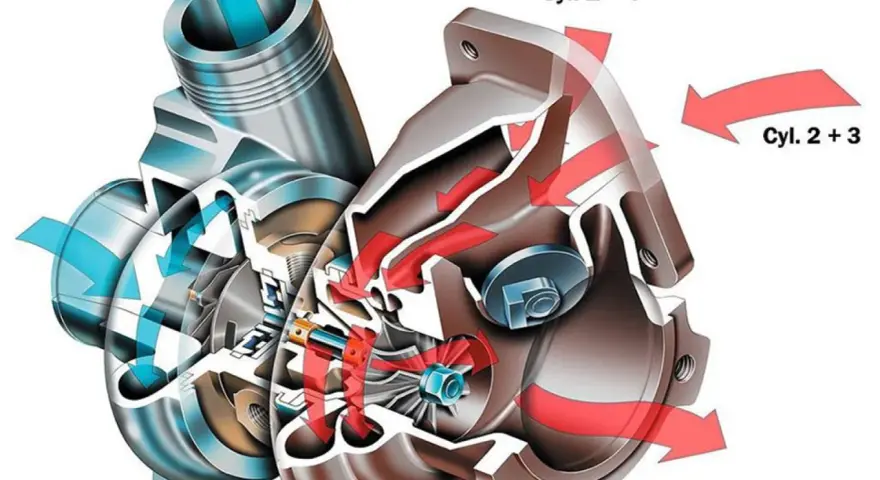 Schemat działania turbosprężarki typu twin turbo. Czerwone strzałki pokazują przepływ spalin z cylindrów 1+4 i 2+3, napędzających turbinę. Niebieskie strzałki ilustrują sprężone powietrze.