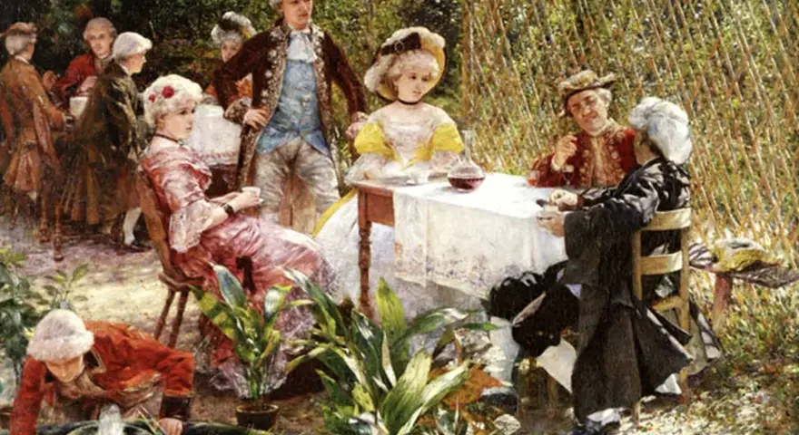 W altanie Gierymski, eleganckie damy i panowie w strojach z epoki delektują się spotkaniem w ogrodzie.