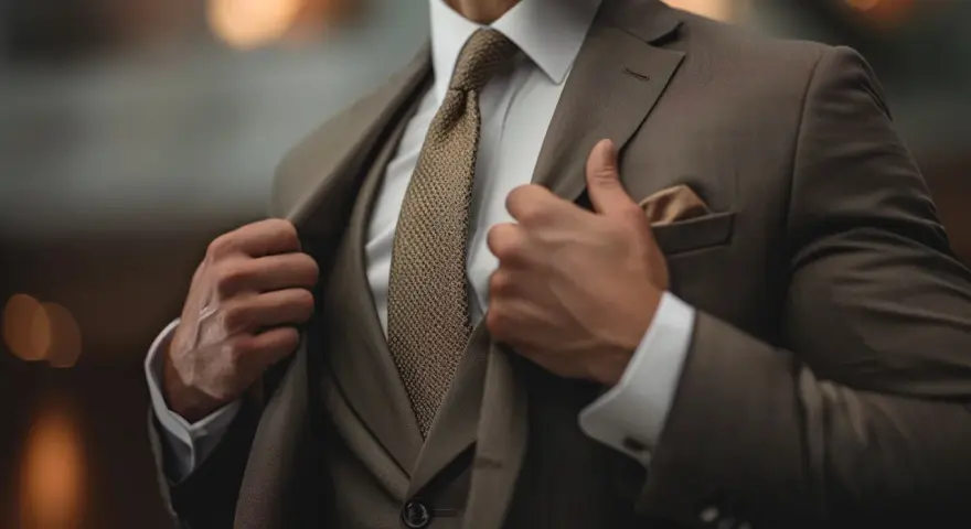 Uomo in abbigliamento business formal marrone, con camicia bianca e cravatta a trama.
