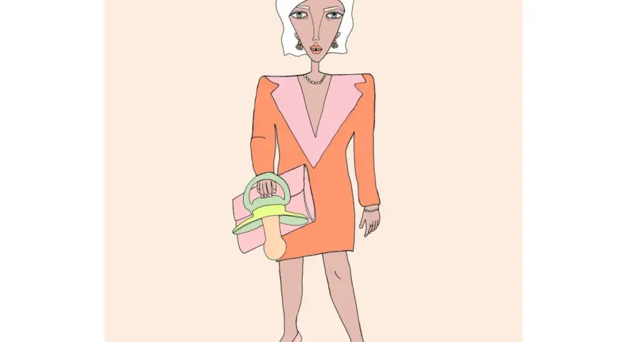 Eine Frau im orangefarbenen Kleid mit Schnuller-Handtasche, die den "Mama Burnout" symbolisiert.