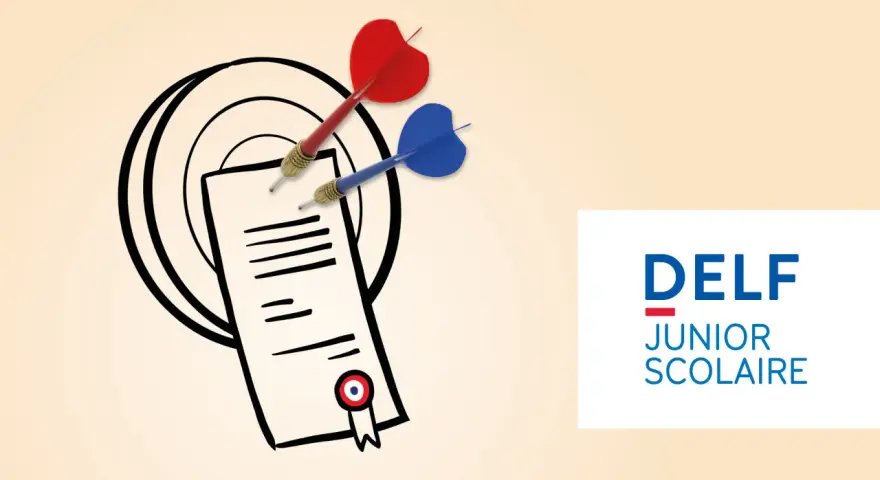 Dardos rojos y azules apuntan a un documento con un sello, simbolizando el éxito en el examen DELF Junior Scolaire, un título de francés.