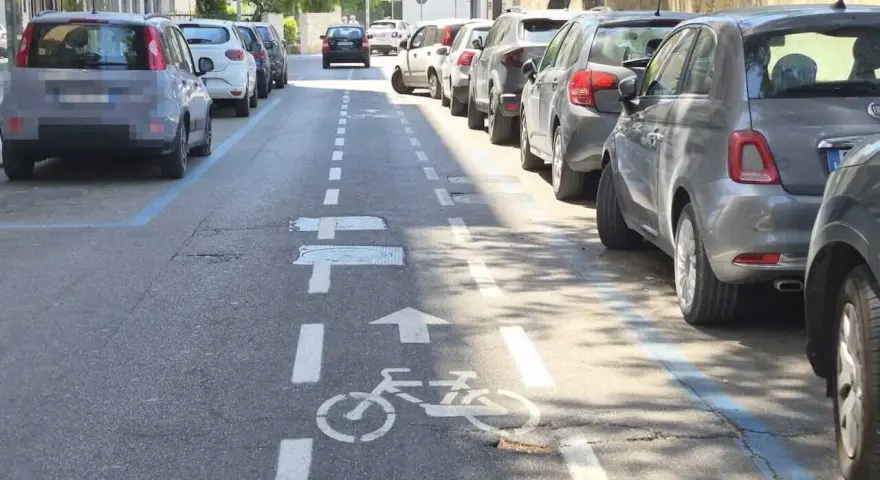 Strada a senso unico con corsia ciclabile delimitata da strisce bianche e blu. Auto parcheggiate lungo il lato destro.