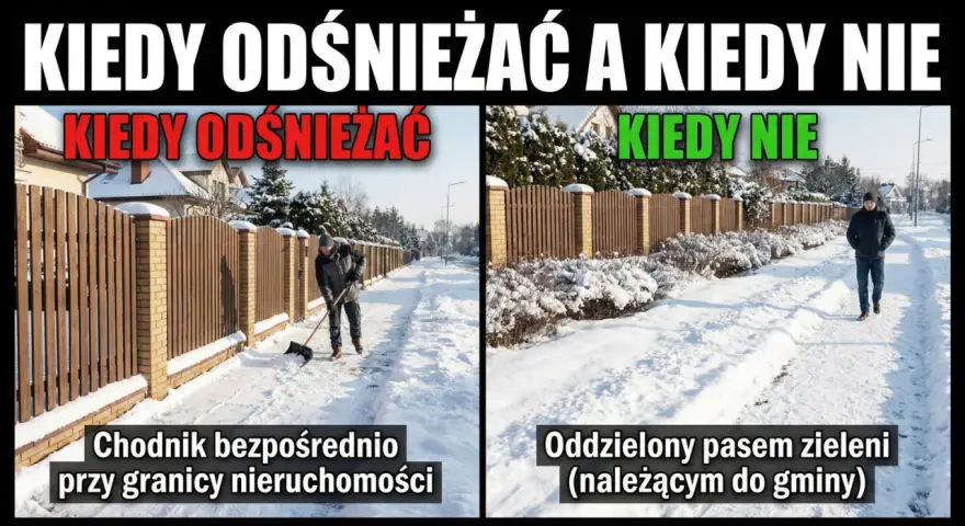 Dwa chodniki pokryte śniegiem: jeden odśnieżany przez mężczyznę, drugi zarośnięty.
