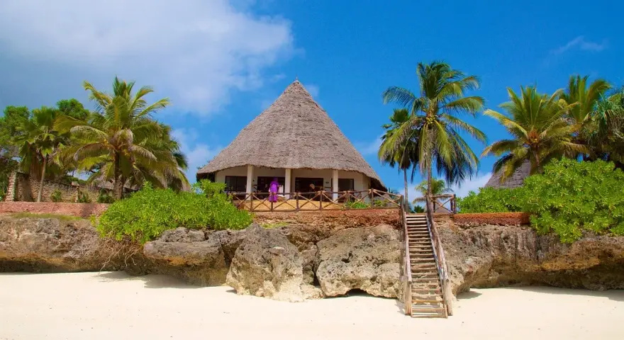 Tropikalny domek z krytym strzechą dachem na skale, obok palm. Marzysz o podróży? Sprawdź, ile się leci na Zanzibar!