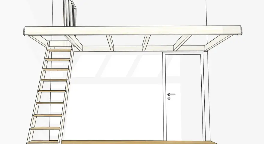 Eine Skizze zeigt, wie man ein Hochbett selber bauen kann, mit Leiter und Geländer.