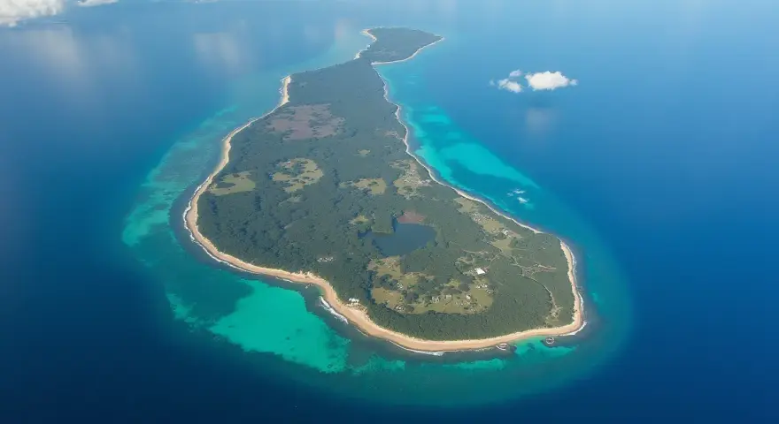 Zielona wyspa otoczona turkusową wodą, przypominająca kształtem Madagaskar.