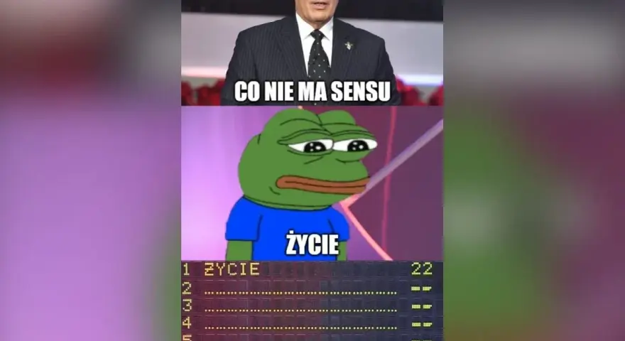 Co nosimy w portfelu familiada? Smutny żabka Pepe i wynik gry.