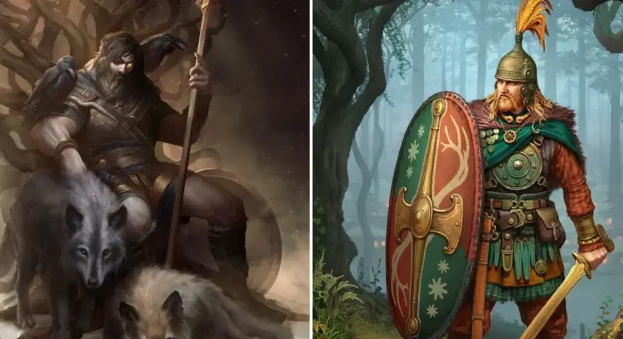 Odin, der Allvater, mit Raben und Wölfen, sitzt auf einem Thron aus Ästen. Daneben ein Krieger mit Helm und Schild.