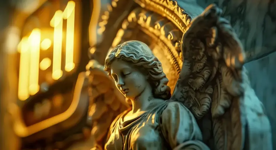 Kamienna rzeźba anioła, w tle świecące "11:11", symbolizujące 444 znaczenie i duchowe przebudzenie.