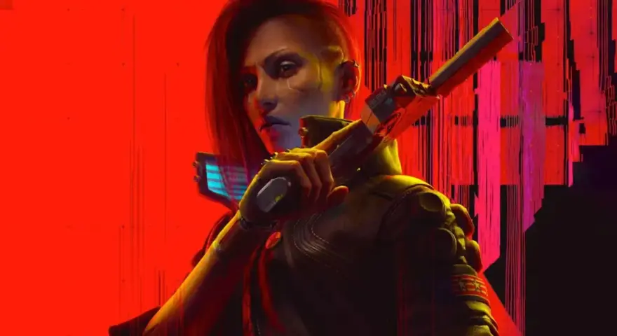 Una mujer con un corte de pelo asimétrico y cicatrices cibernéticas sostiene un arma futurista. Arte promocional de Cyberpunk 2077 Phantom Liberty.