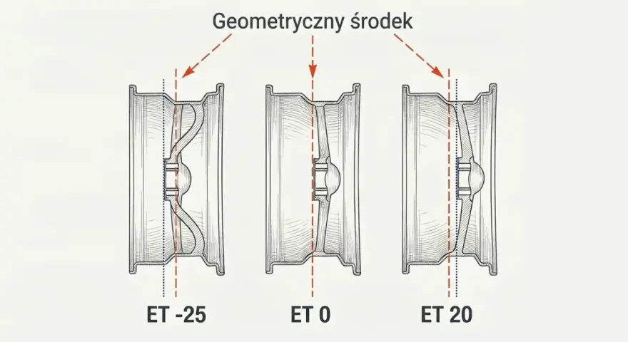 Ilustracja pokazuje trzy przekroje felg z różnym osadzeniem: ET -25, ET 0 i ET 20. Widać, jak zmienia się położenie geometrycznego środka felgi względem jej płaszczyzny montażowej.