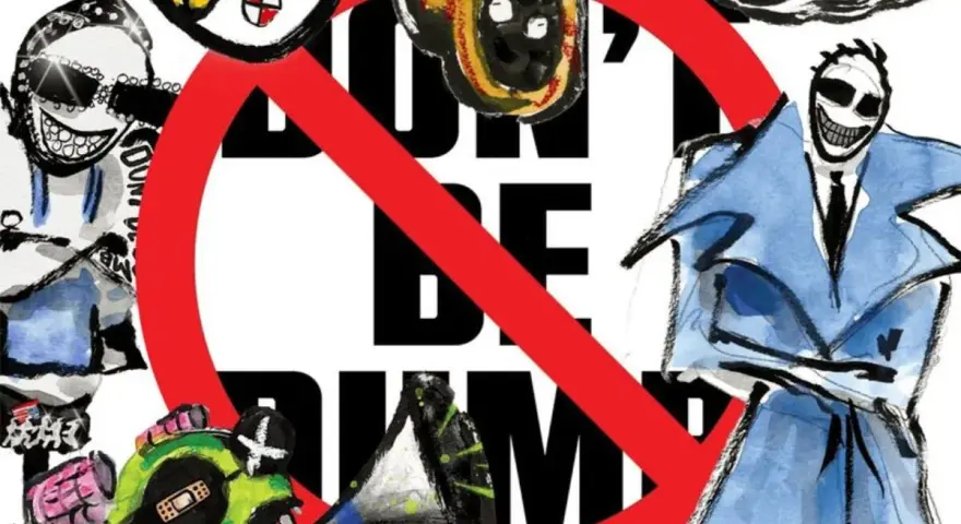 Stylizowana grafika z napisem "DON'T BE DUMB" i postaciami, zapowiadająca asap rocky new album.