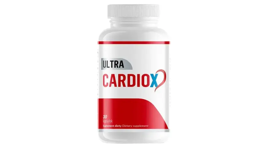 Biała butelka suplementu diety CardiOx z czerwono-niebieskim logo i napisem "ULTRA CARDIOX".