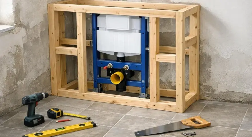 Cadre en bois pour un wc suspendu sur mur non porteur, avec réservoir et tuyauterie visibles. Outils de bricolage au sol.