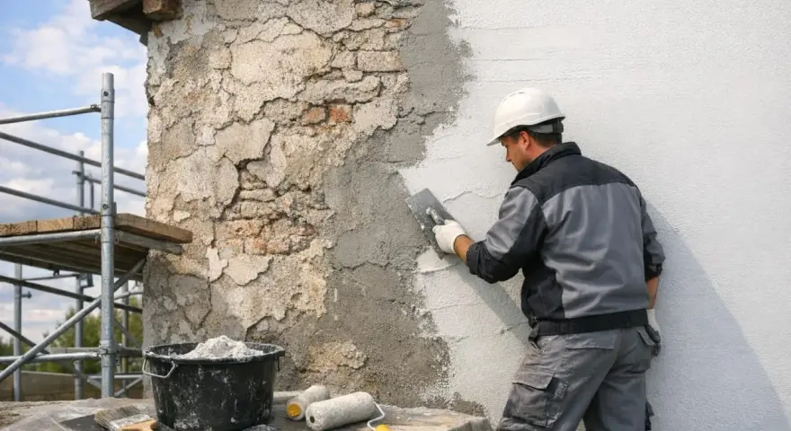 Un ouvrier en casque blanc applique de l'enduit sur une façade en cours de renovation. Échafaudage et outils à proximité.