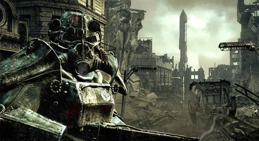 Un soldado con armadura de poder en un páramo postapocalíptico, evocando la atmósfera de un **Fallout 3 remaster**.