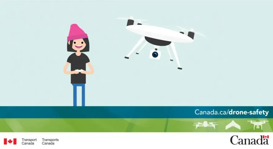 A person controls a drone, illustrating Canada drone laws and safety. Learn more at canada.ca/drone-safety.