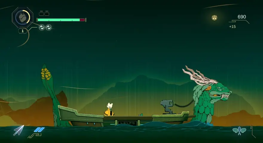Un gato con capa amarilla navega en una barca junto a un dragón verde. El sol, con nueve rayos, ilumina la escena.
