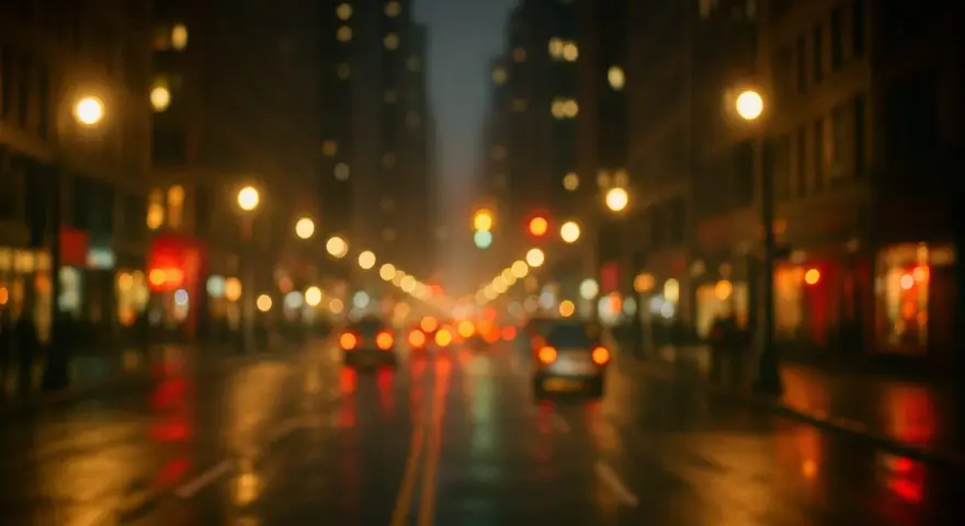 Luci sfocate di una strada cittadina di notte, con riflessi sull'asfalto bagnato, che ricordano l'effetto dell'astigmatismo.
