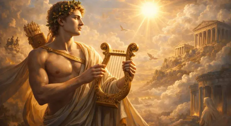 Apollo, bóg słońca i muzyki, z lirą w dłoniach, na tle niebiańskich krajobrazów. Mit o Apollo ożywa w blasku słońca.