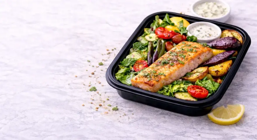 Pyszny łosoś z pieczonymi warzywami i ziołowym dipem. Idealny posiłek na dietę low carb.