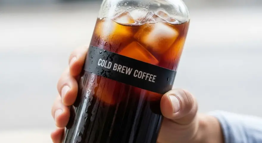 Dłoń trzyma butelkę z orzeźwiającym cold brew coffee, pełną kostek lodu. Idealna kawa do cold brew na upalne dni.