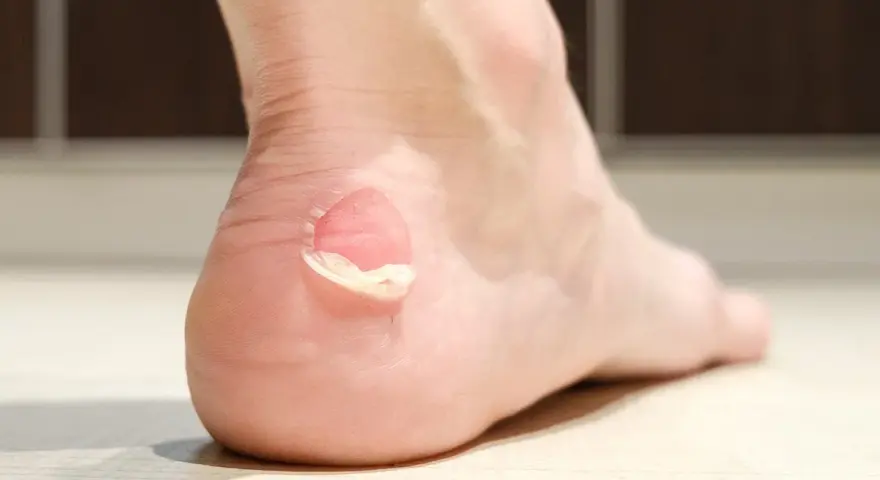 Talón con ampollas abiertas, piel desprendida y líquido visible, resultado de ampollas en los pies por sudor.
