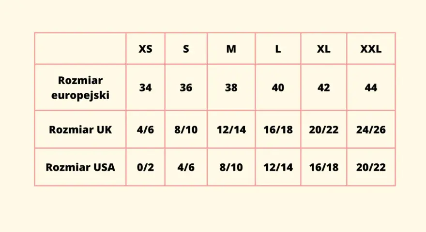 Tabela rozmiarów: europejski 38 to S, UK 8/10, USA 8/10. Jaki to rozmiar 8?