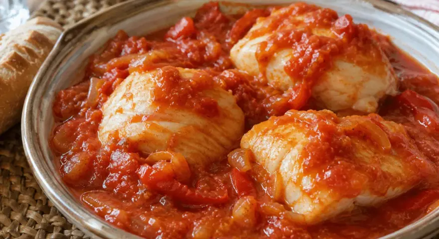 Bacalao con tomate, un plato casero con trozos de pescado blanco en una salsa roja de tomate y cebolla.