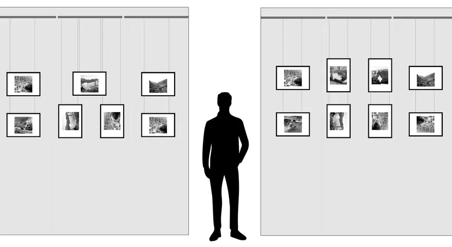 Ilustración de cómo colgar un cuadro, mostrando diferentes alturas y distribuciones para una exposición.
