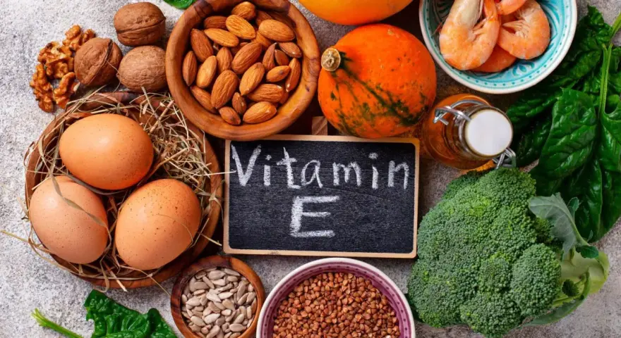 Uova, mandorle, noci, gamberetti, broccoli, spinaci e semi di girasole: alimenti ricchi di **vitamina E**.
