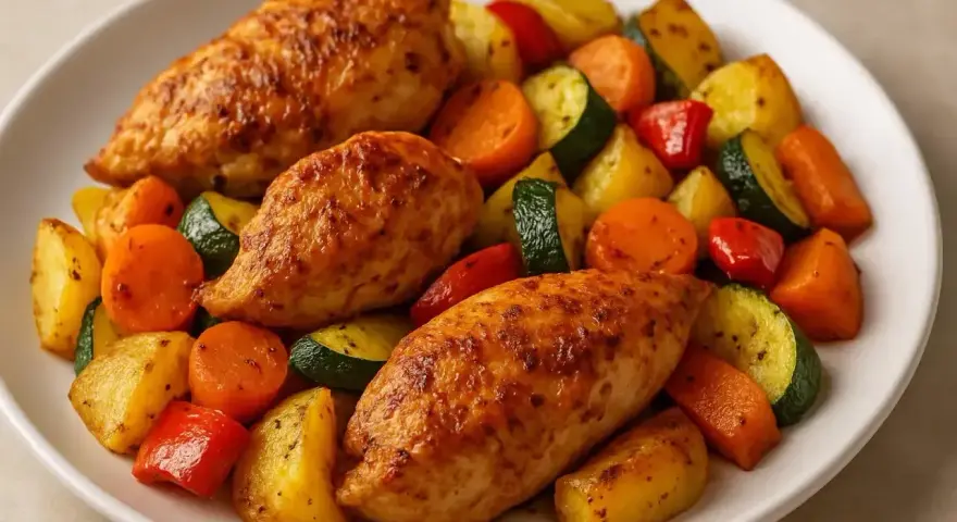 Soczyste kawałki indyka z airfryer, podane z pieczonymi ziemniakami, marchewką, cukinią i papryką.