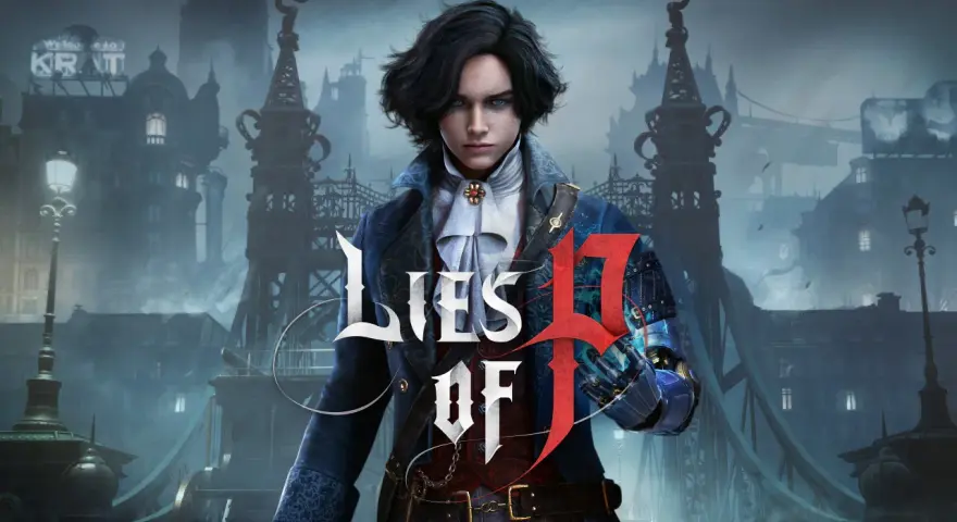 Joven con cabello oscuro y ojos azules, con un brazo mecánico, en la ciudad de Krat. El título "Lies of P" se superpone.