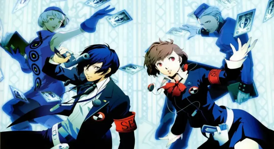 Personajes de Persona 3 Portable, con cartas flotando. ¿Cuáles serán sus respuestas?