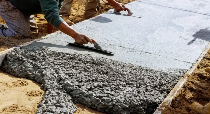 Pracownicy wygładzają świeży beton na budowie za pomocą kielni.
