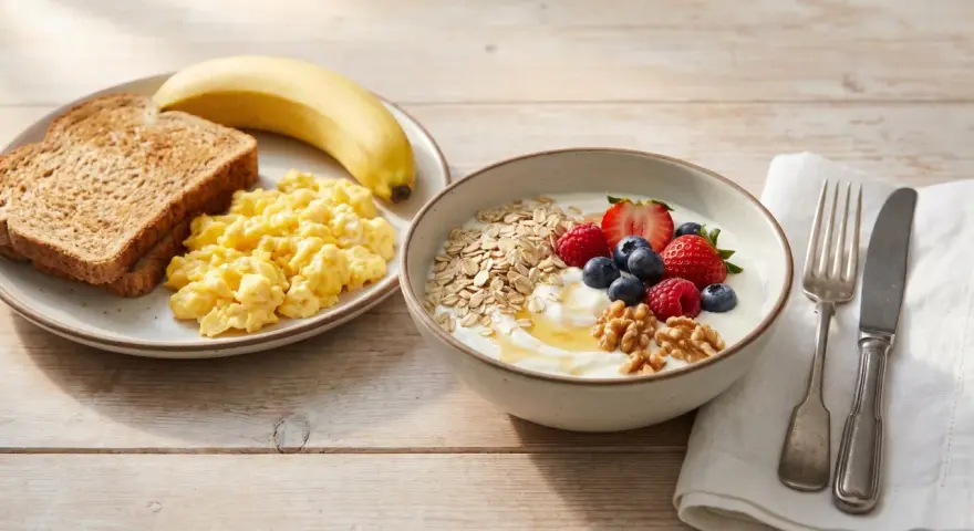 Desayuno con tostadas, huevos revueltos, plátano, yogur con frutos rojos, avena y nueces.