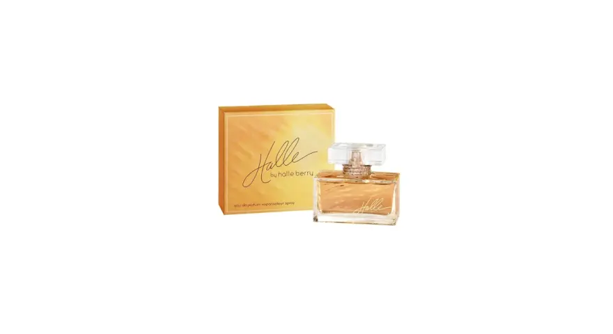Perfumy Halle Berry: flakon i pudełko z pomarańczowym gradientem.