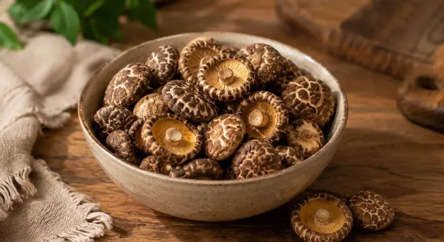 Miseczka pełna suszonych grzybów shiitake, gotowych do dodania smaku potrawom.